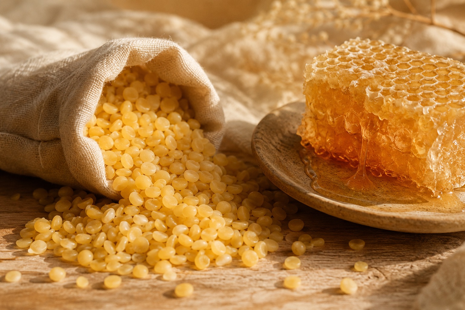 Natural beeswax pellets and a honeycomb on a linen surface